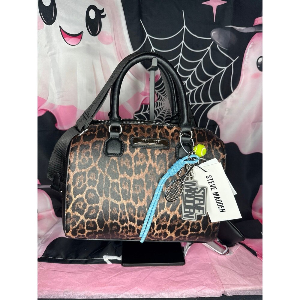 New Steve Madden Leopard Print Satchel Crossbody Bag Tennis Racket Ball Charm